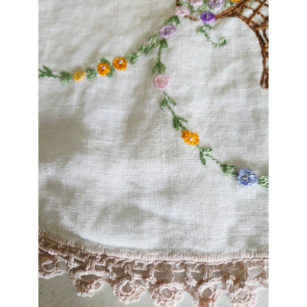 Vintage‎ Hand Embroidered White Linen Table Runner Floral Basket Lace 42x18